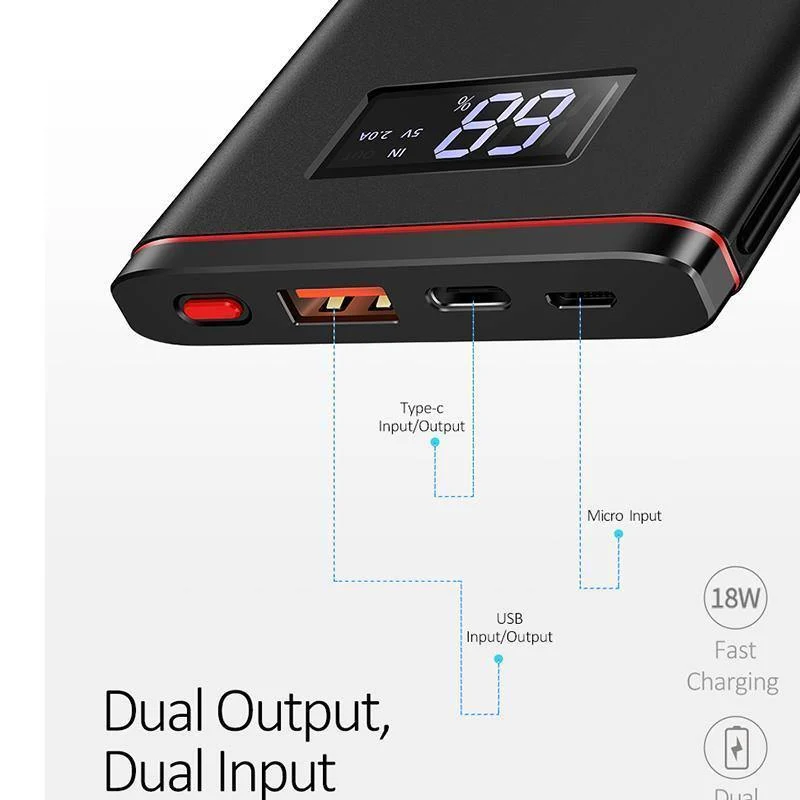 Schnellladegerät Power Bank PD QC 3.0 18 W digitales LED-Display 10000 mAh Powerbank USAMS 9 V/2 A 5 V/3 A externer Akku USB C Poverbank