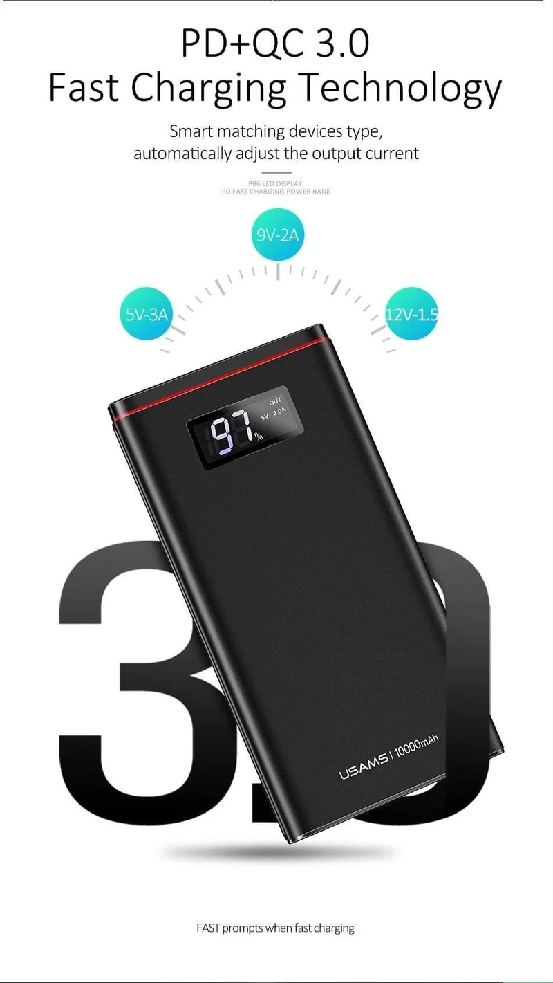 Schnellladegerät Power Bank PD QC 3.0 18 W digitales LED-Display 10000 mAh Powerbank USAMS 9 V/2 A 5 V/3 A externer Akku USB C Poverbank