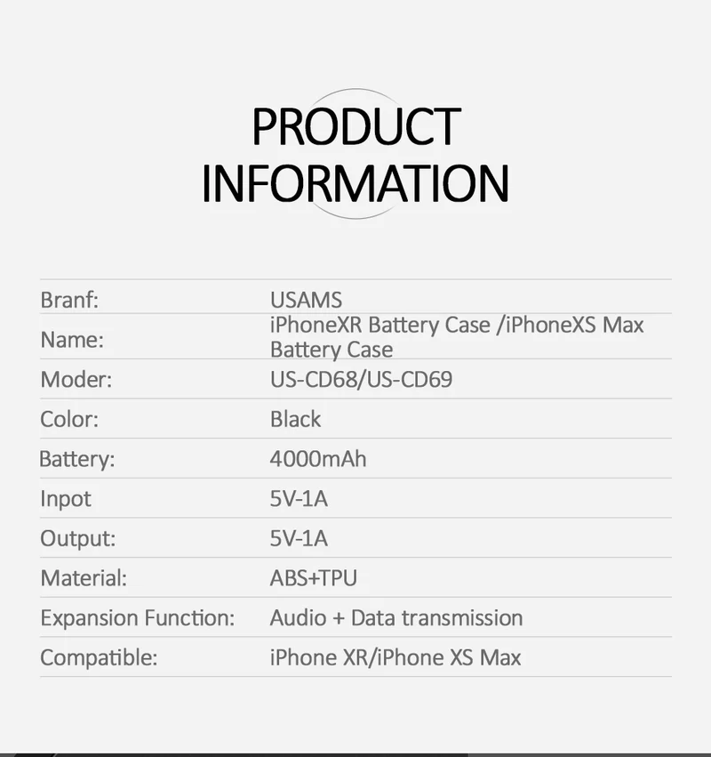Batterie-Kasten für iPhone X XR XS XSmax, USAMS 4000mAh Fall des externen Ladegeräts Ersatzenergie-Bank-beweglicher Energie-Aufladungsfall