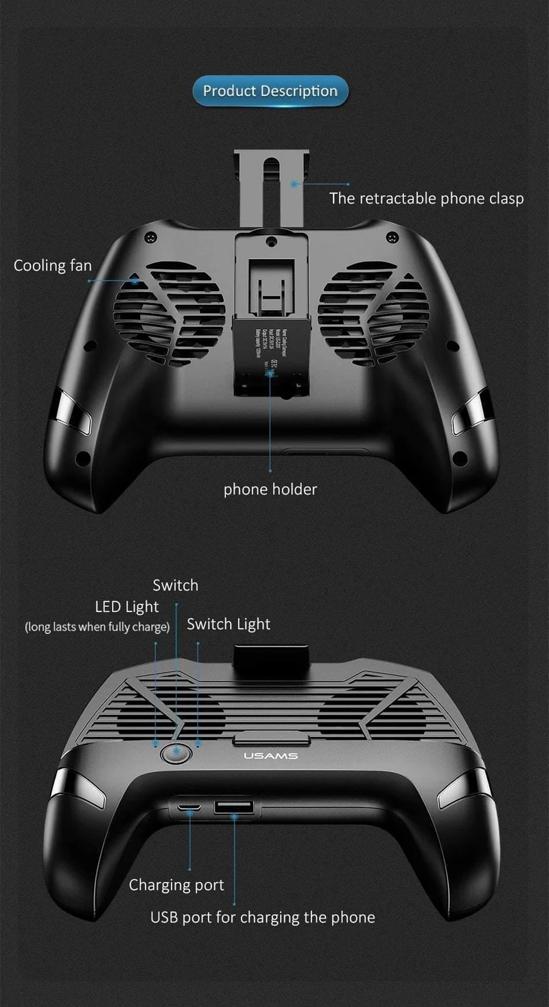 USAMS Handy-Spiel-Kühlgriff, Telefonhalter, Doppellüfter, Telefon-Spiel-Kühlkörper, Lade-Powerbank, Rauschunterdrückung, Gamepad