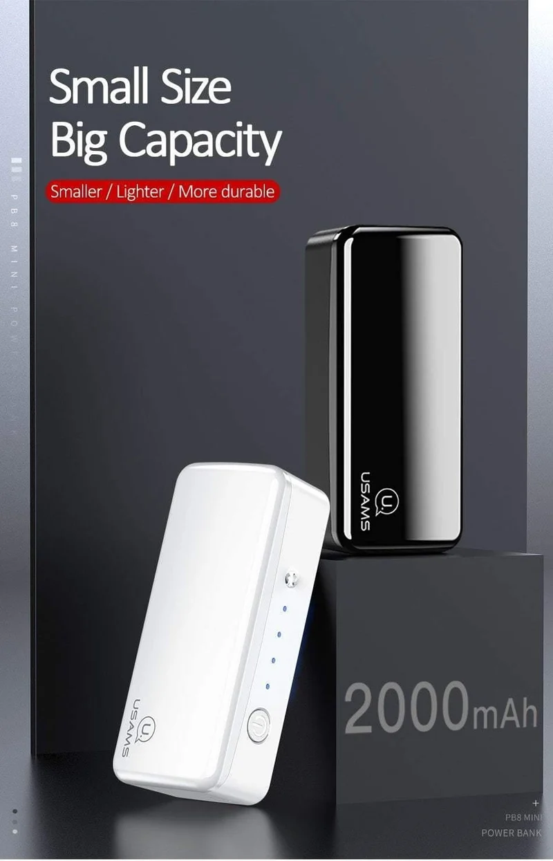 USAMS 2000 mAh Ultraleichte Mini-USB-Powerbank, tragbar, 2000 mAh, Powerbank, externer Akku, LED-Notlicht für iPhone, Samsung