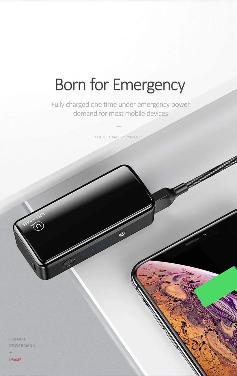 USAMS 2000 mAh Ultraleichte Mini-USB-Powerbank, tragbar, 2000 mAh, Powerbank, externer Akku, LED-Notlicht für iPhone, Samsung