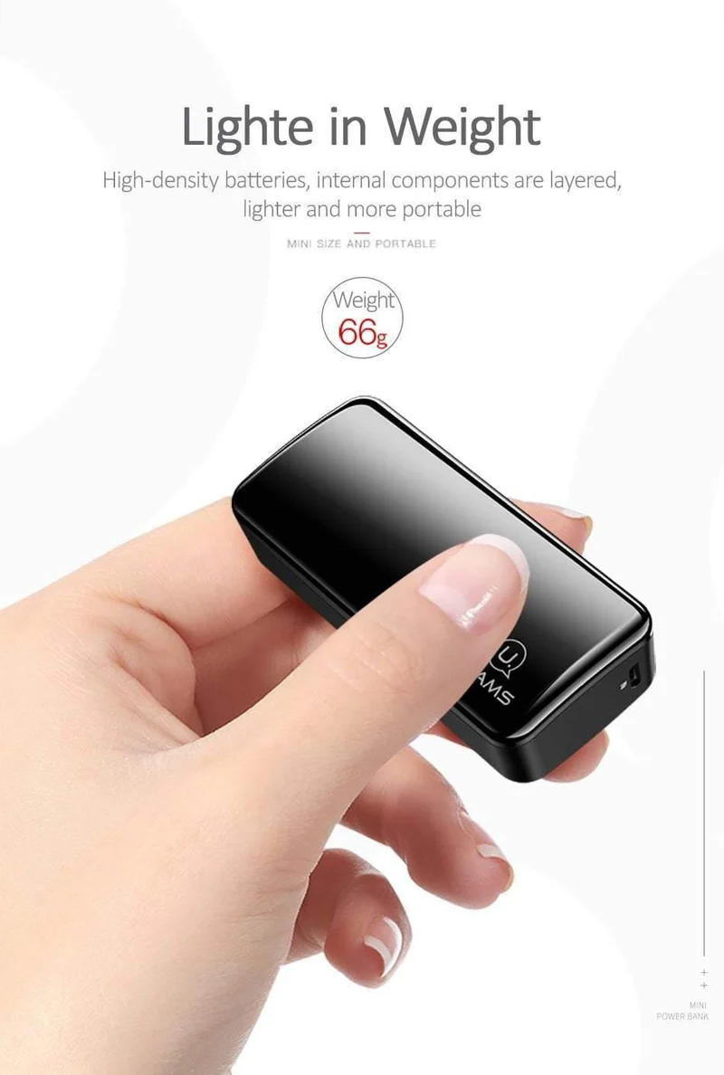 USAMS 2000 mAh Ultraleichte Mini-USB-Powerbank, tragbar, 2000 mAh, Powerbank, externer Akku, LED-Notlicht für iPhone, Samsung
