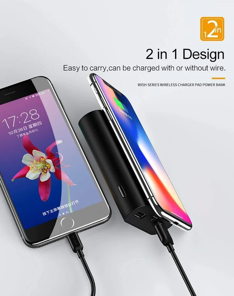 USAMS 5V 2A 2 USB-Anschlüsse 8000mah QI Wireless-Ladegerät 5W Pad Power Bank Integriertes Wireless-Ladegerät Universal Power Bank