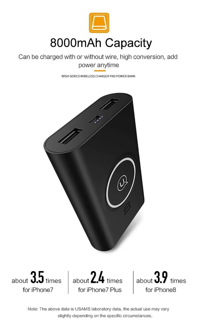USAMS 5V 2A 2 USB-Anschlüsse 8000mah QI Wireless-Ladegerät 5W Pad Power Bank Integriertes Wireless-Ladegerät Universal Power Bank