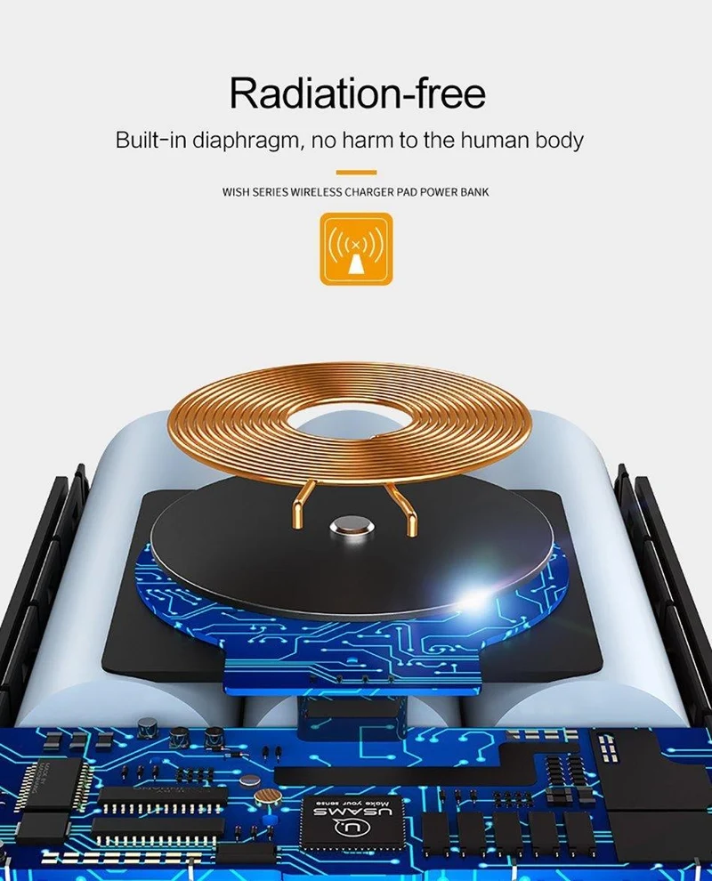 USAMS 5V 2A 2 USB-Anschlüsse 8000mah QI Wireless-Ladegerät 5W Pad Power Bank Integriertes Wireless-Ladegerät Universal Power Bank