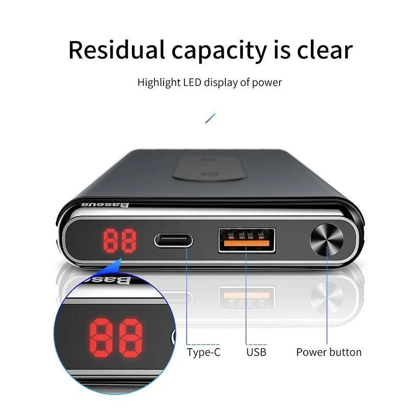 Baseus 10000mAh QI Wireless Charger Power Bank für iPhone Samsung PD + QC3.0 Schnelllade-USB-Powerbank Externer Akku