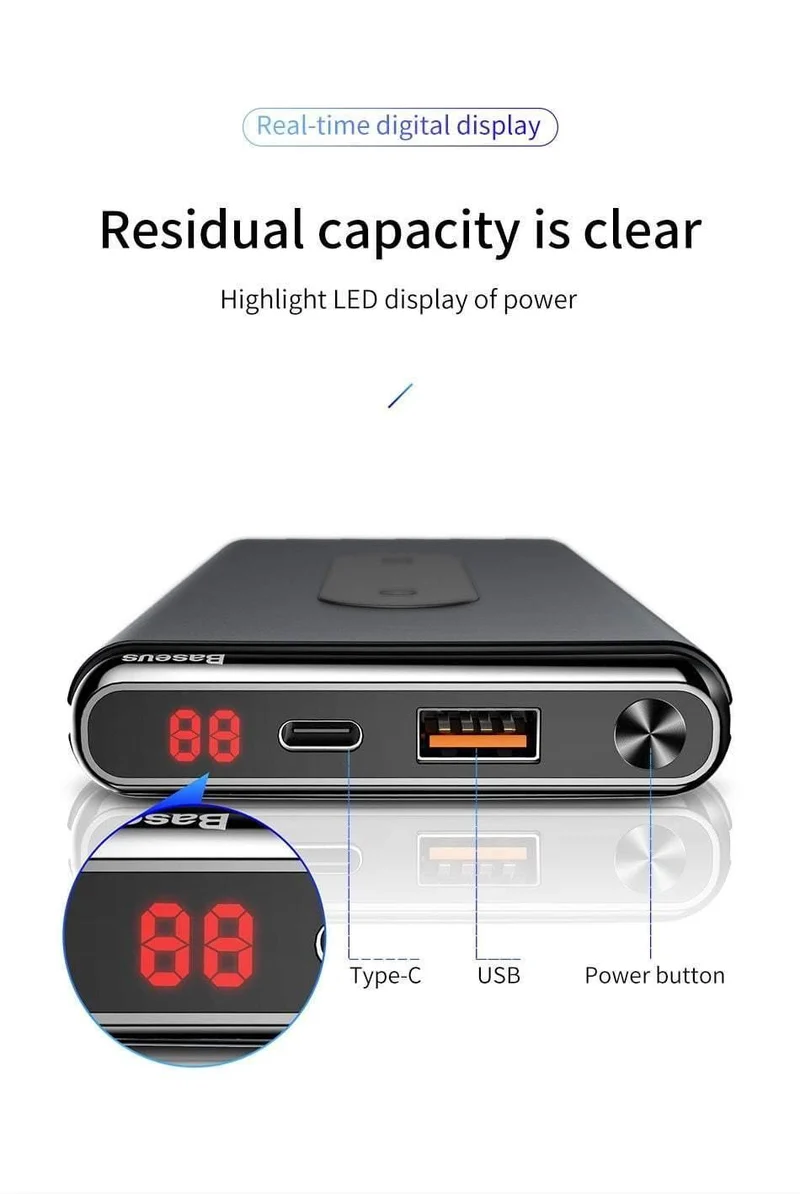 Baseus 10000mAh QI Wireless Charger Power Bank für iPhone Samsung PD + QC3.0 Schnelllade-USB-Powerbank Externer Akku