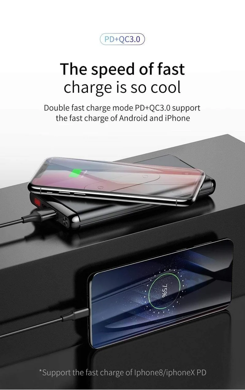 Baseus 10000mAh QI Wireless Charger Power Bank für iPhone Samsung PD + QC3.0 Schnelllade-USB-Powerbank Externer Akku