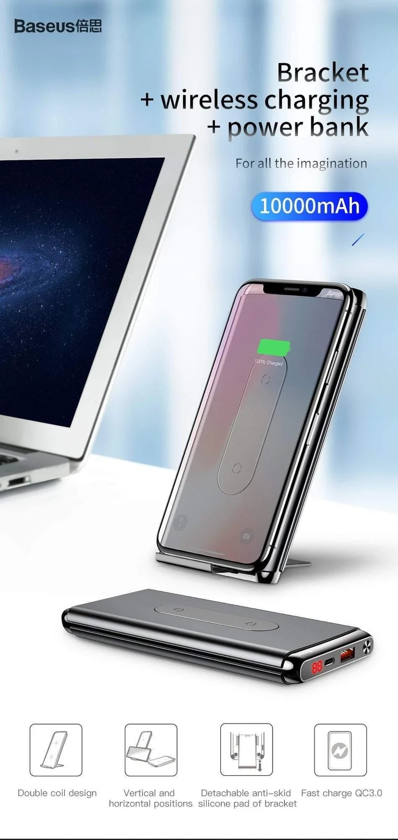 Baseus 10000mAh QI Wireless Charger Power Bank für iPhone Samsung PD + QC3.0 Schnelllade-USB-Powerbank Externer Akku
