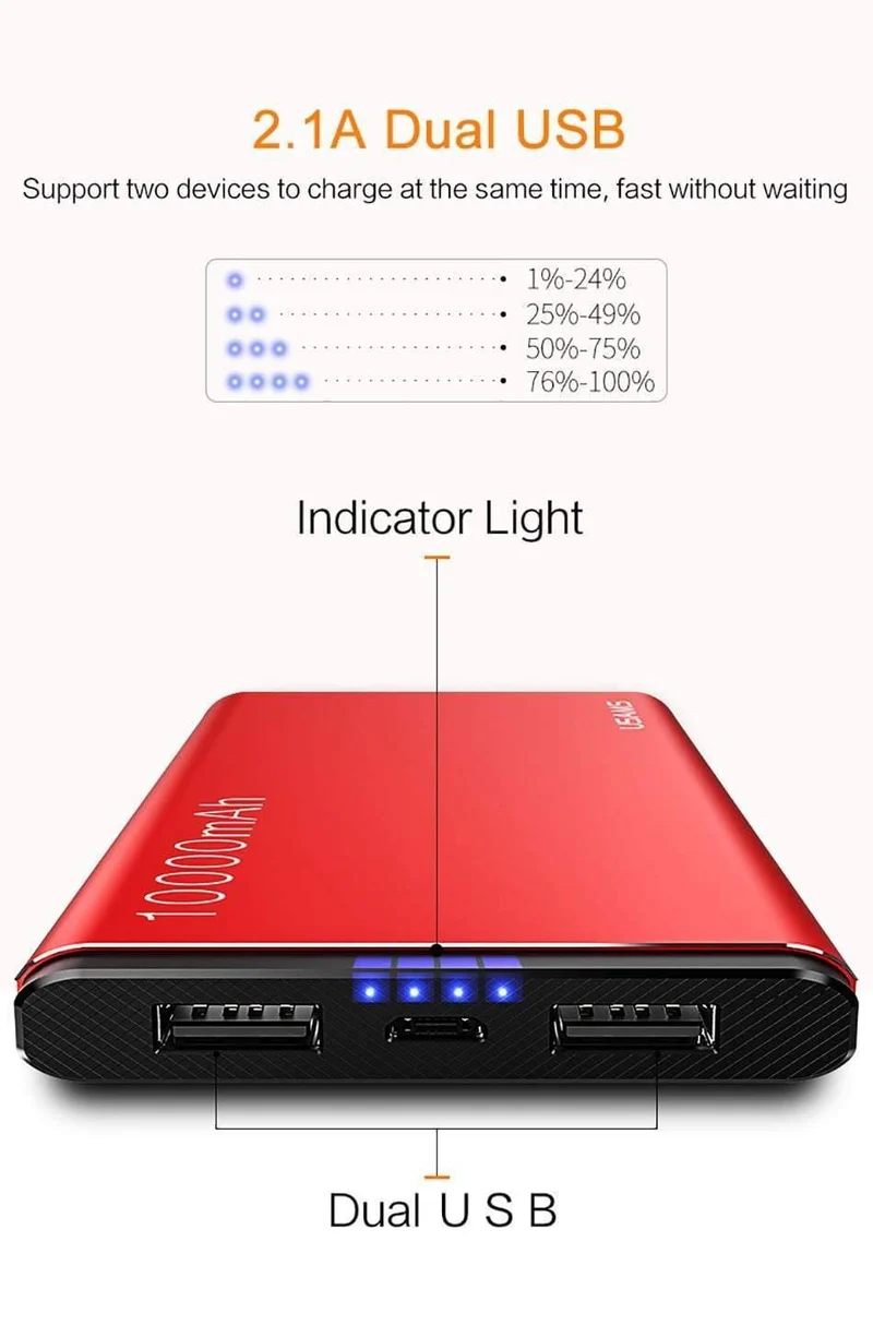 USAMS Power Bank 10000mAh Dual USB Handy Tragbares Ladegerät Powerbank Backup Externe Batterie