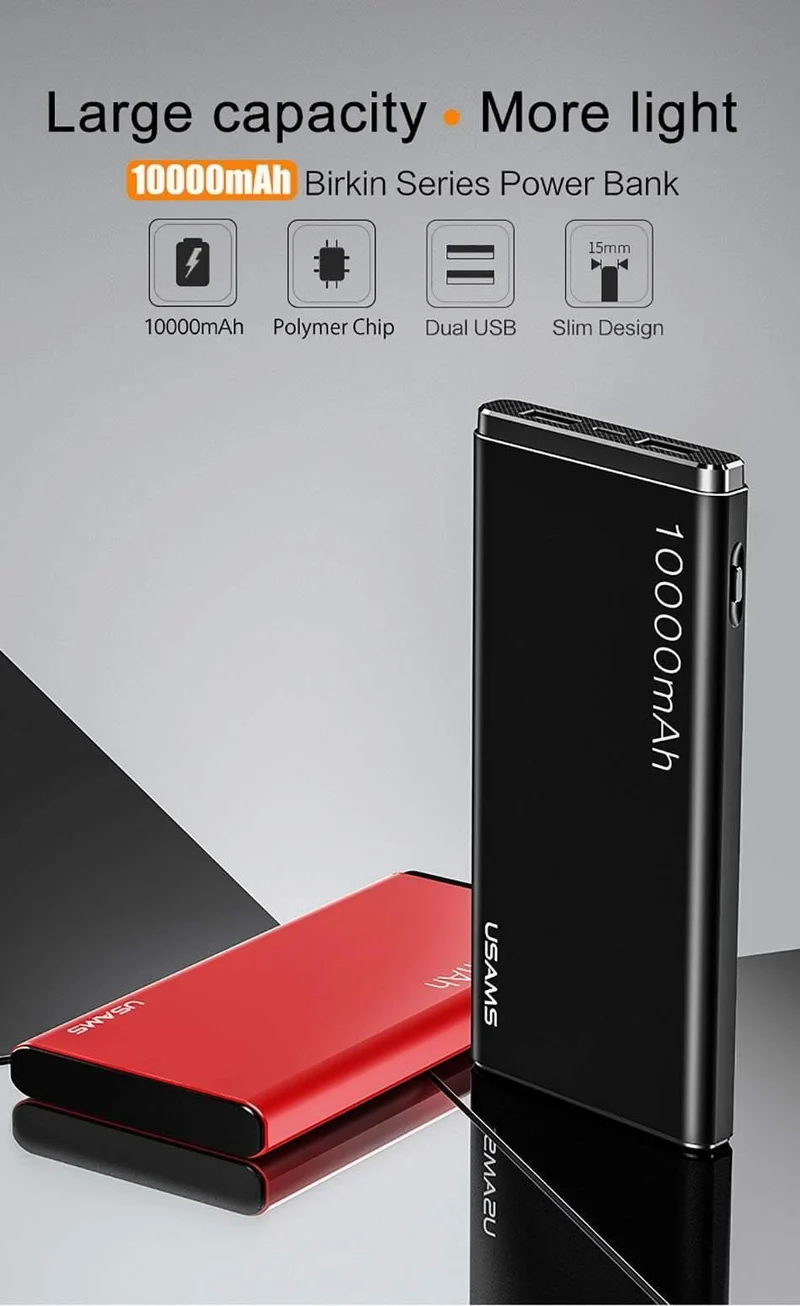 USAMS Power Bank 10000mAh Dual USB Handy Tragbares Ladegerät Powerbank Backup Externe Batterie
