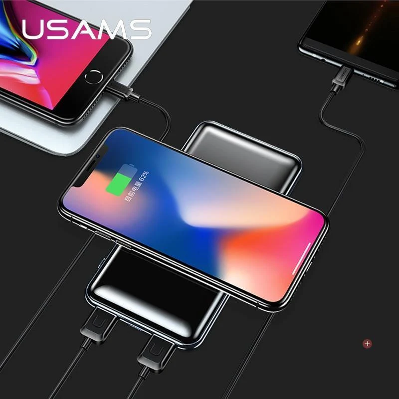 USAMS 5V 2A PB2 Typ C Micro- und 2-USB-Anschlüsse 10000mah Powerbank Qi Wireless-Ladegerät LED-Anzeige Powerbank Wireless Externer Akku
