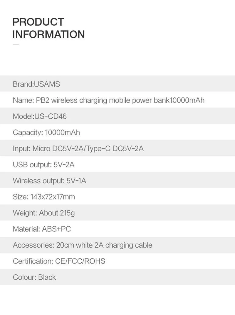 USAMS 5V 2A PB2 Typ C Micro- und 2-USB-Anschlüsse 10000mah Powerbank Qi Wireless-Ladegerät LED-Anzeige Powerbank Wireless Externer Akku
