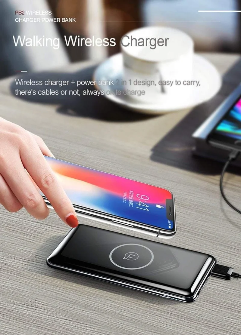USAMS 5V 2A PB2 Typ C Micro- und 2-USB-Anschlüsse 10000mah Powerbank Qi Wireless-Ladegerät LED-Anzeige Powerbank Wireless Externer Akku