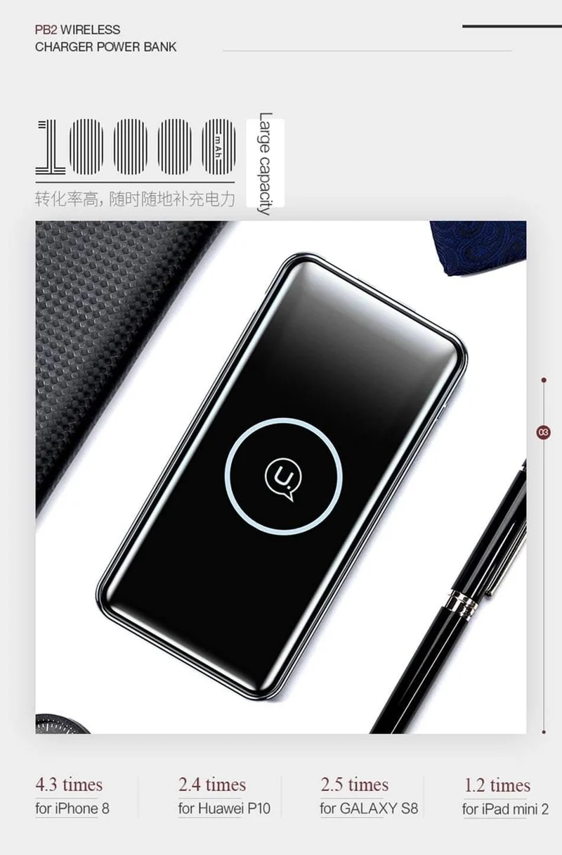 USAMS 5V 2A PB2 Typ C Micro- und 2-USB-Anschlüsse 10000mah Powerbank Qi Wireless-Ladegerät LED-Anzeige Powerbank Wireless Externer Akku