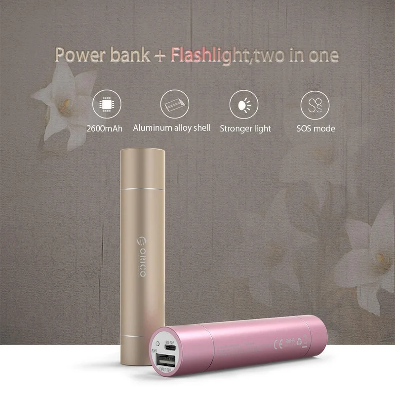 ORICO 2600mAh Externer Akku Portable Aluminium Power Bank für iPhone iPad Xiaomi Samsung LG Android mit SOS-Taschenlampe