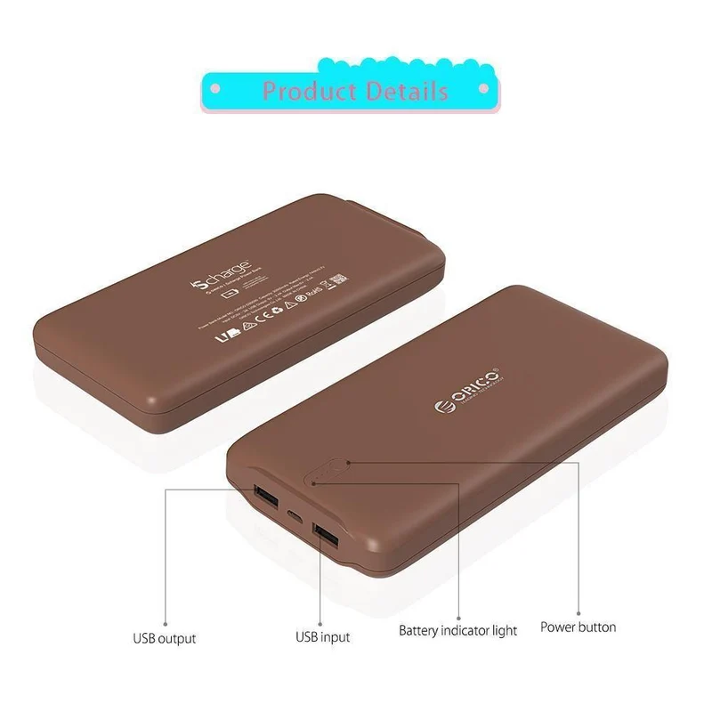 ORICO 20000 mAh Power Bank Tragbares Ladegerät Dual USB Powerbank Externer Akku