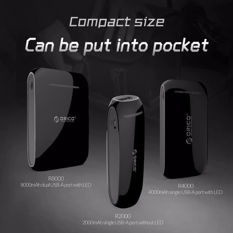 ORICO 4000mAh Power Bank 5V1A Aufladen für Smartphones mit 30cm Micro-USB-Kabel, tragbar zum Tragen, schwarzes ABS