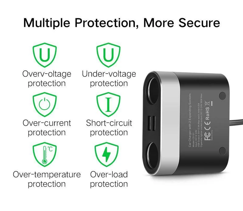 Ugreen Dual USB Autoladegerät Unterstützt Auto-Recorder Universelles Handy-Autoladegerät mit Expander-Ladegerät für iPhone 6S Samsung