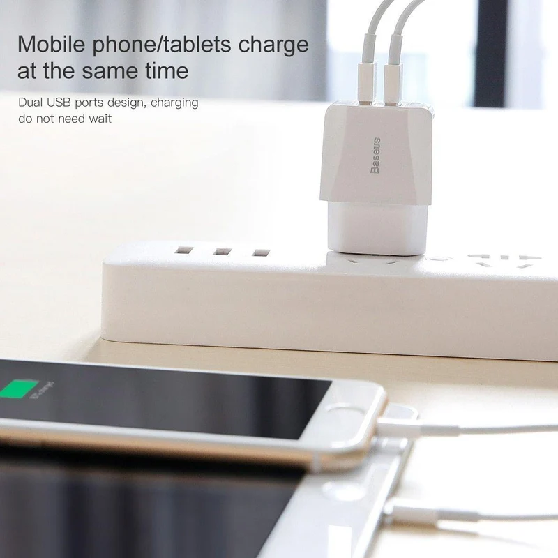 Baseus Dual USB-Ladegerät, Handy EU-Ladestecker Reise-Wandladegerät-Adapter für iPhone iPad Samsung Xiaomi Telefonladegerät