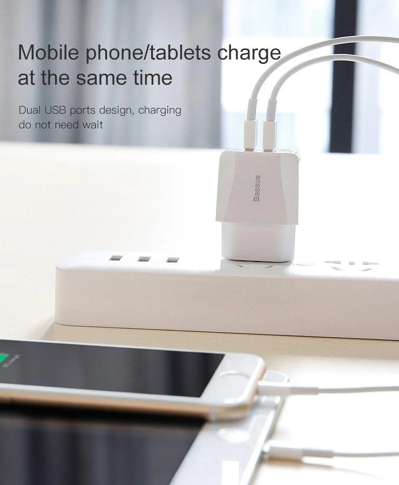 Baseus Dual USB-Ladegerät, Handy EU-Ladestecker Reise-Wandladegerät-Adapter für iPhone iPad Samsung Xiaomi Telefonladegerät