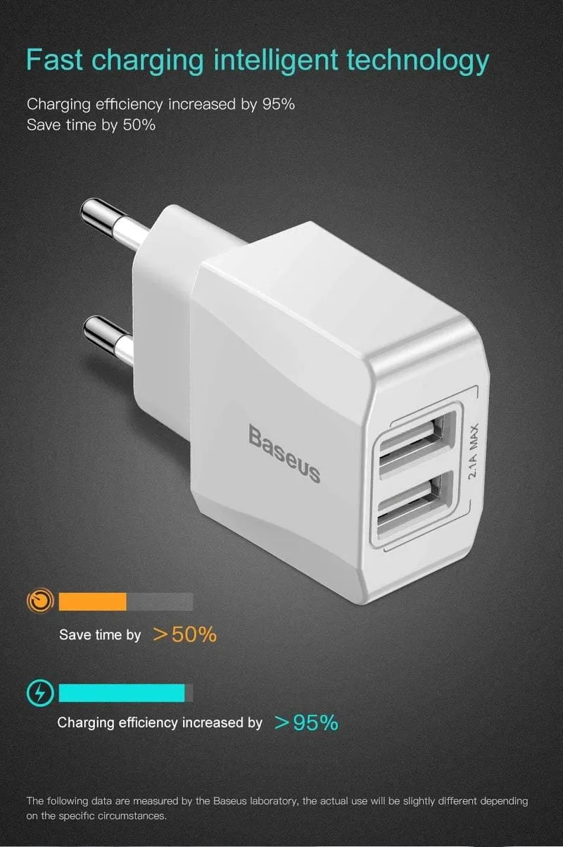 Baseus Dual USB-Ladegerät, Handy EU-Ladestecker Reise-Wandladegerät-Adapter für iPhone iPad Samsung Xiaomi Telefonladegerät