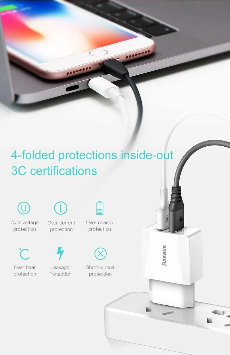 Baseus Dual USB-Ladegerät, Handy EU-Ladestecker Reise-Wandladegerät-Adapter für iPhone iPad Samsung Xiaomi Telefonladegerät