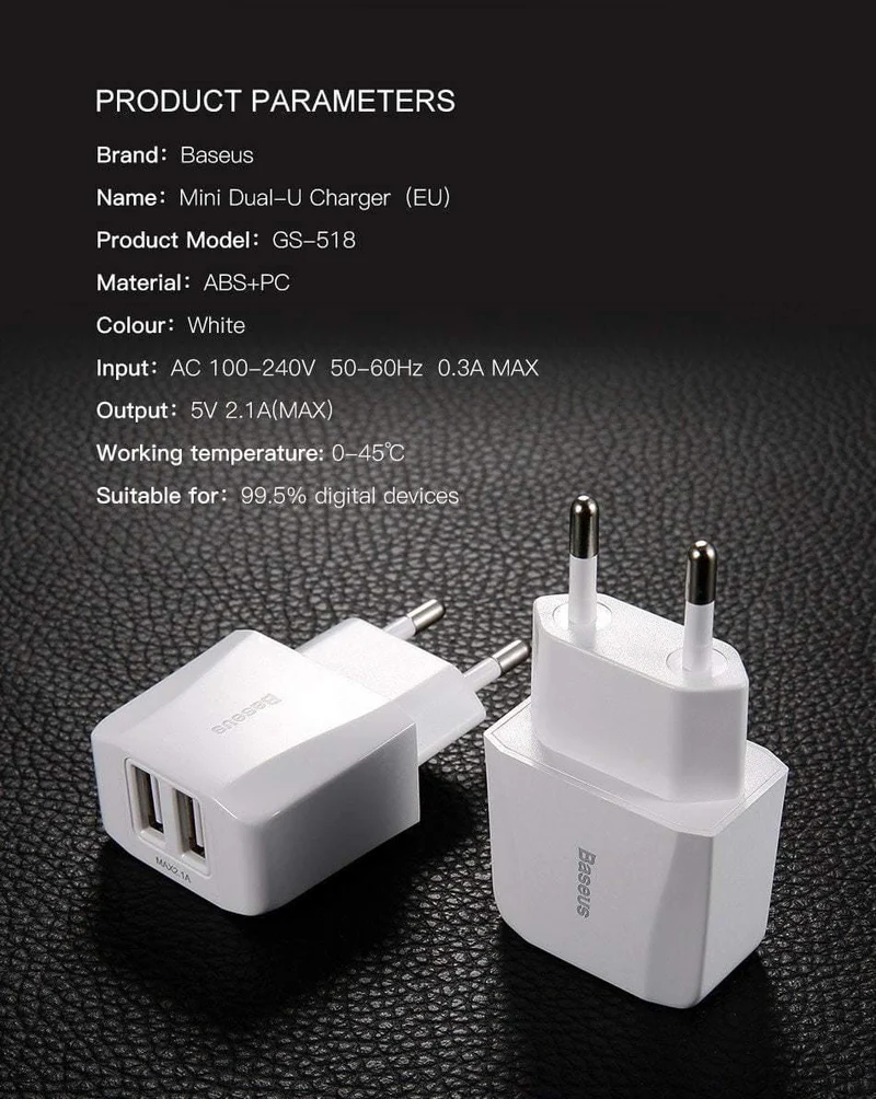 Baseus Dual USB-Ladegerät, Handy EU-Ladestecker Reise-Wandladegerät-Adapter für iPhone iPad Samsung Xiaomi Telefonladegerät