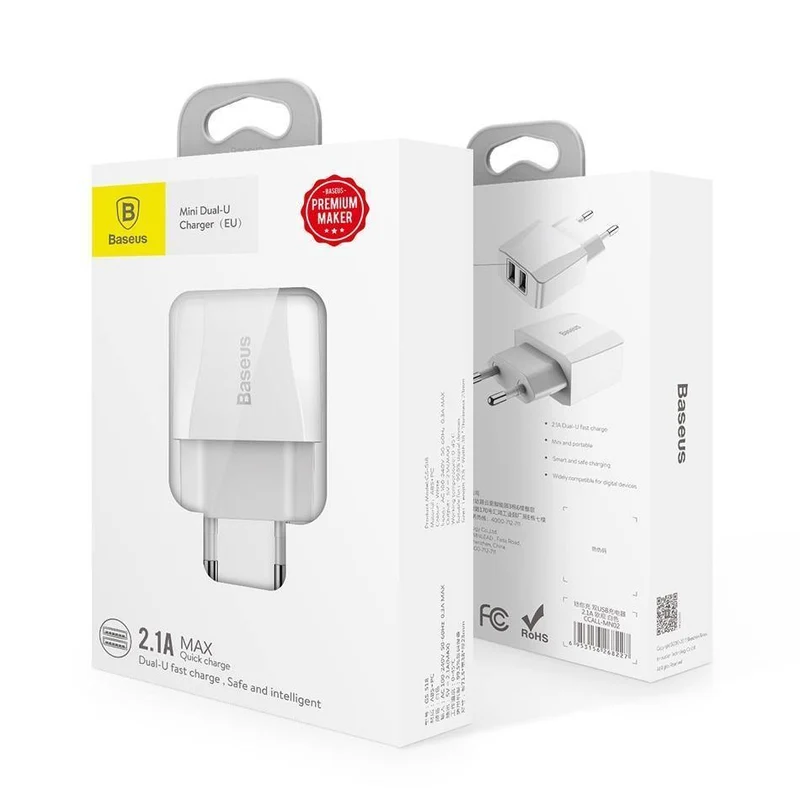 Baseus Dual USB-Ladegerät, Handy EU-Ladestecker Reise-Wandladegerät-Adapter für iPhone iPad Samsung Xiaomi Telefonladegerät