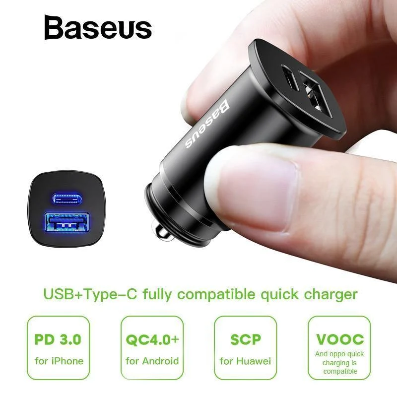 Baseus 30W Dual USB C PD-Schnellladegerät QC 4.0-Autoladegerät für Mobiltelefon-Ladegerät Schnelles USB PD-Autoladegerät vom Typ C AFC SCP