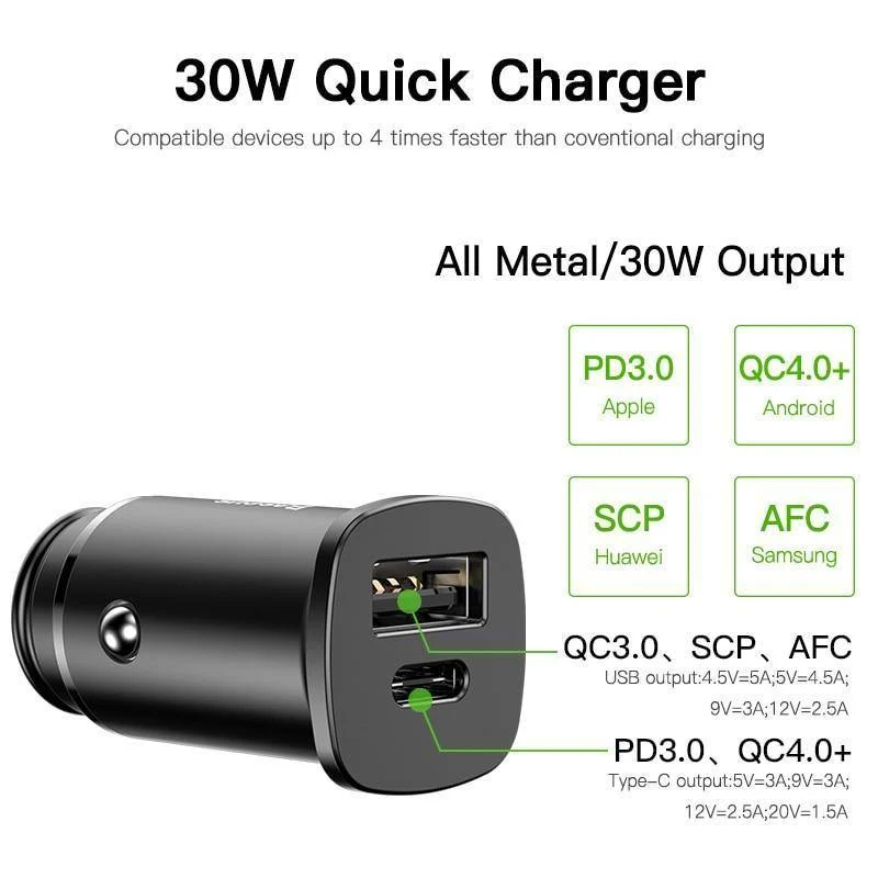 Baseus 30W Dual USB C PD-Schnellladegerät QC 4.0-Autoladegerät für Mobiltelefon-Ladegerät Schnelles USB PD-Autoladegerät vom Typ C AFC SCP