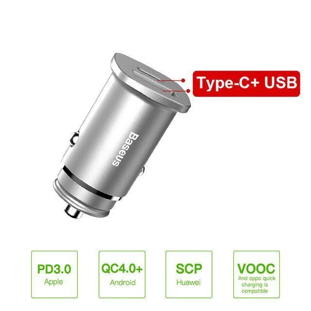 Baseus 30W Dual USB C PD-Schnellladegerät QC 4.0-Autoladegerät für Mobiltelefon-Ladegerät Schnelles USB PD-Autoladegerät vom Typ C AFC SCP