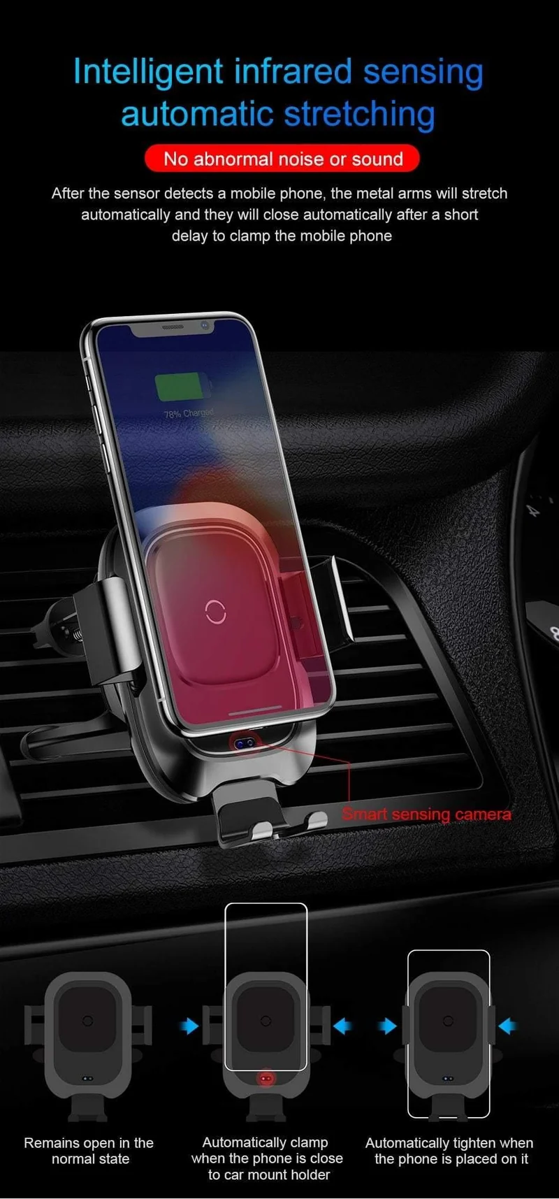 Baseus Autotelefonhalter für iPhone Intelligenter Infrarotsensor Qi Auto Drahtloses Ladegerät Lüftungshalterung Handyhalter Ständer