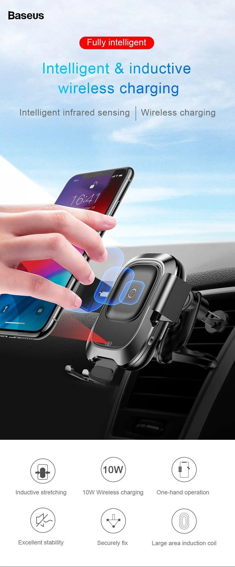 Baseus Autotelefonhalter für iPhone Intelligenter Infrarotsensor Qi Auto Drahtloses Ladegerät Lüftungshalterung Handyhalter Ständer