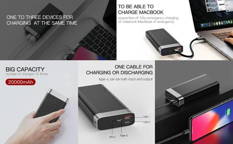 Baseus 20000 mAh Powerbank für iPhone Huawei Powerbank USB Typ C PD + Schnellladegerät 3.0 Schnellladender externer Akku