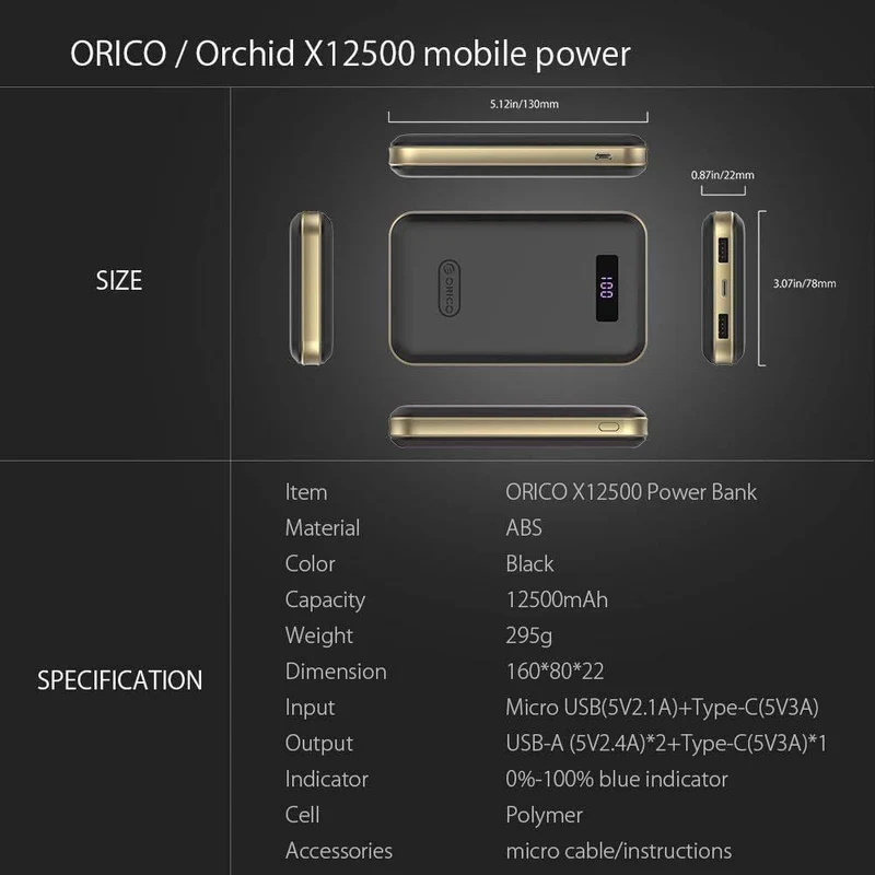 ORICO 12500mAh Typ-c Power Bank LCD Externe Batterie Tragbare Mobile Schnelle Ladegerät Dual USB Powerbank Universal Schwarz