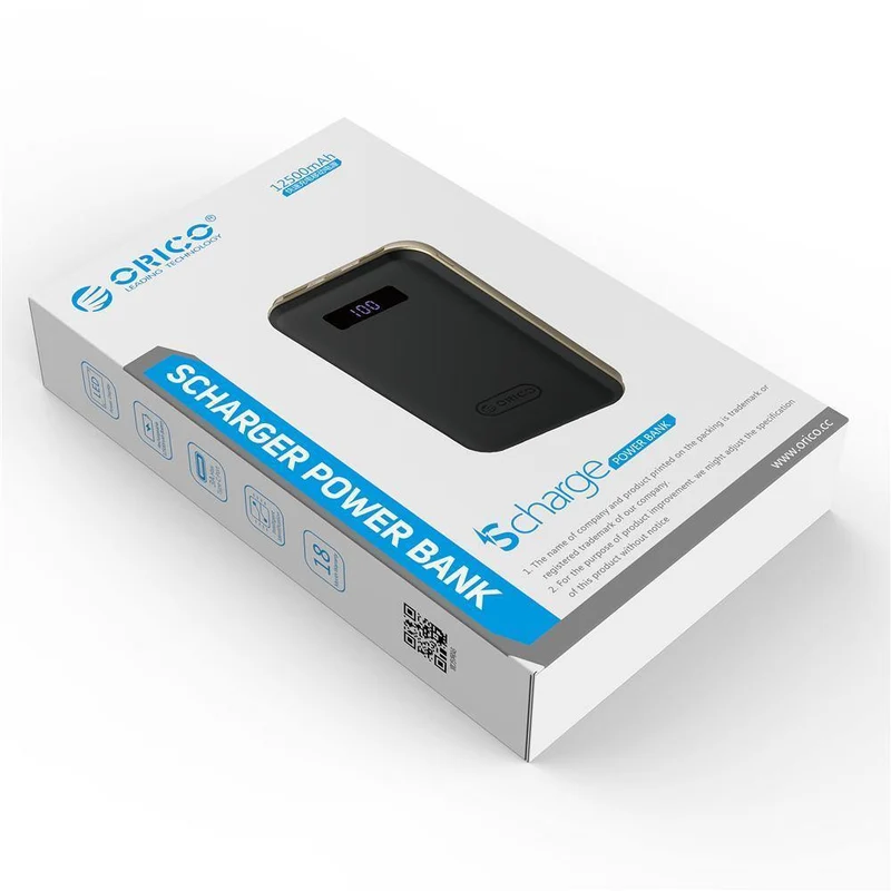 ORICO 12500mAh Typ-c Power Bank LCD Externe Batterie Tragbare Mobile Schnelle Ladegerät Dual USB Powerbank Universal Schwarz