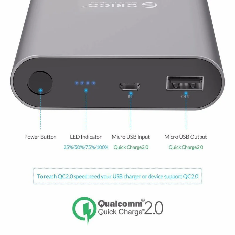 ORICO Q1 QC2.0 Power Bank Aluminium 10400 mAh Schnellladegerät 5V2A / 9V1.8A / 12V1.5A Tragbar und universell