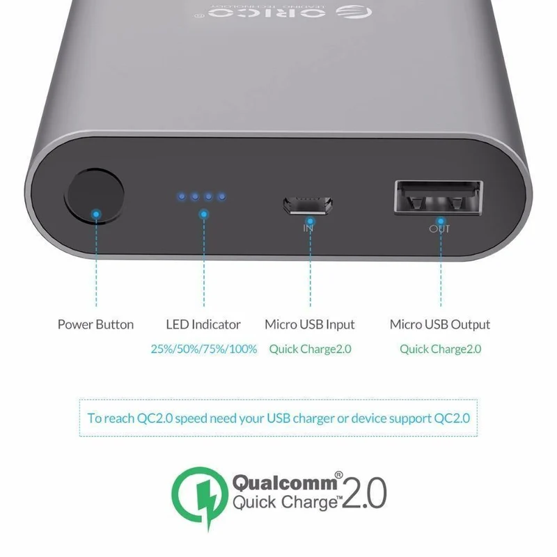 ORICO Q1 QC2.0 Power Bank Aluminium 10400 mAh Schnellladegerät 5V2A / 9V1.8A / 12V1.5A Tragbar und universell