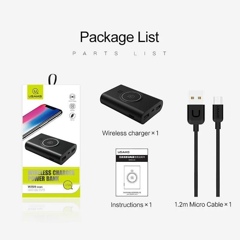 USAMS Wireless Charge Power Bank Dual USB-Ausgang Tragbares externes Akku-Ladegerät für iPhone X 8 Samsung S9 Huawei Xiaomi