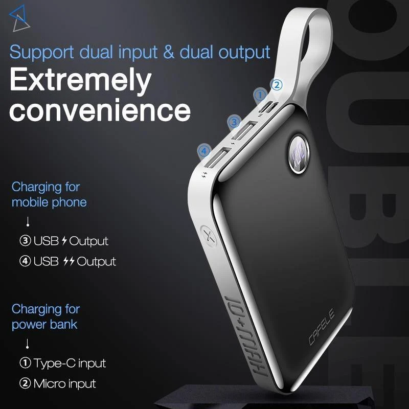 CAFELE 10000 mAh Powerbank, Dual-USB-Ausgang, externer Akku, Mikro- und Typ-C-Eingang, Powerbank, LED-Anzeige, 5 V, 2.1 A