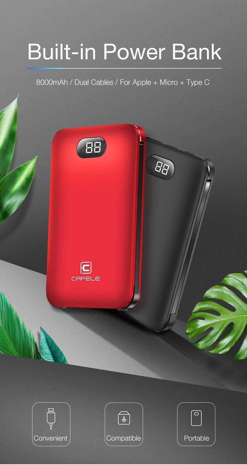 CAFELE 8000 mAh Dual USB Power Bank Eingebauter Ausgang Externer Akku Aufladen Für iPhone Samsung Huawei Xiaomi LED Display