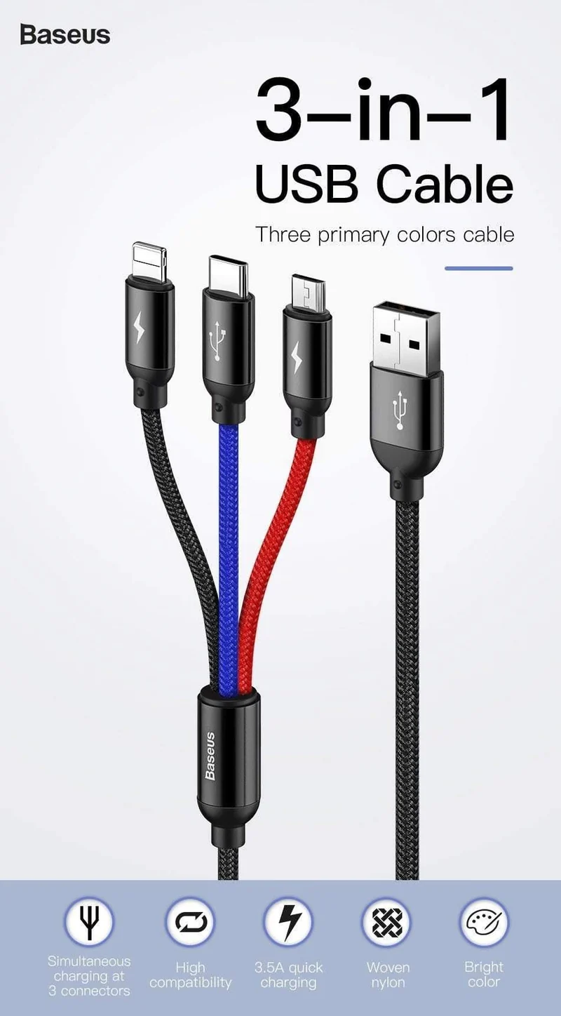 Baseus 3 in 1 USB Kabel für Handy Micro USB Typ C Ladekabel für iPhone Ladekabel Micro USB Ladekabel