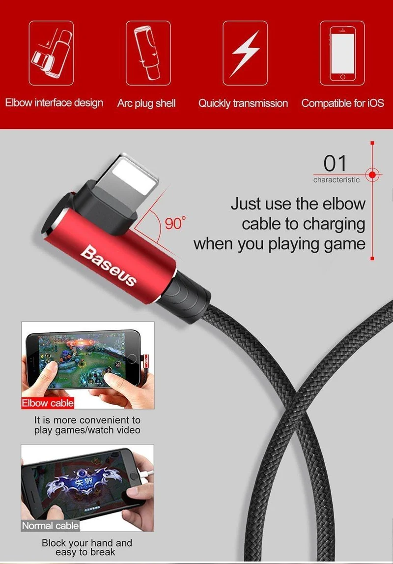 Baseus 90-Grad-USB-Kabel für iPhone 5 6 6S 7 8 Schnellladekabel für iPad USB-Ladekabel L-Typ-Handy-Datenkabel