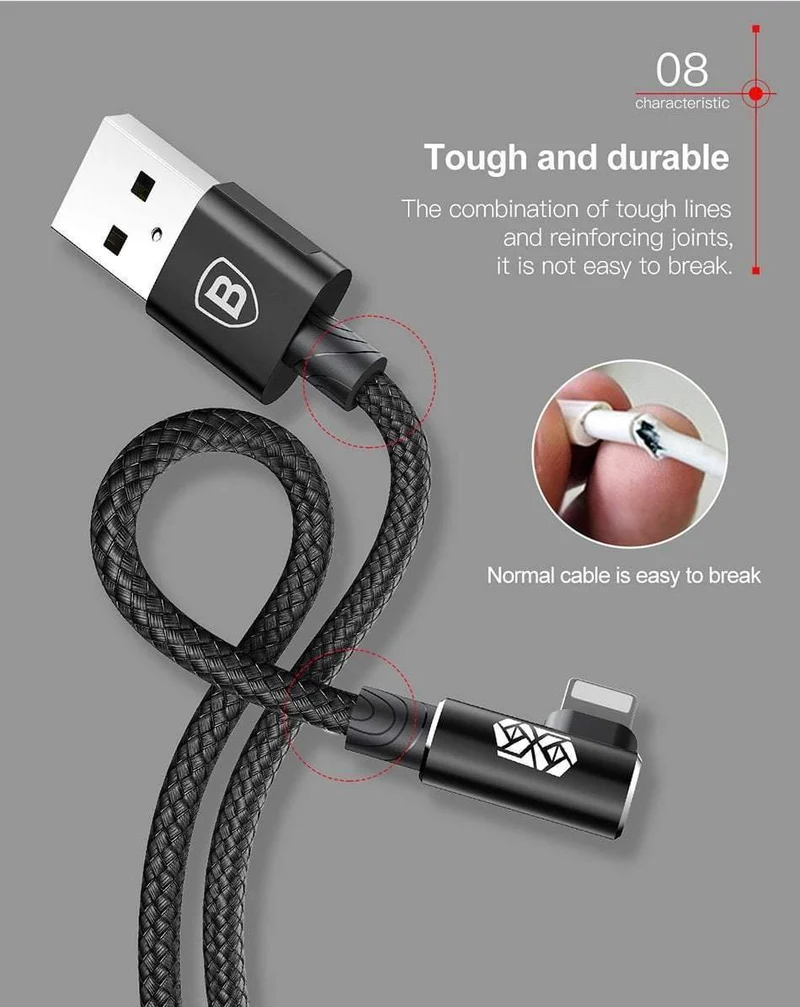 Baseus 90-Grad-USB-Kabel für iPhone 5 6 6S 7 8 Schnellladekabel für iPad USB-Ladekabel L-Typ-Handy-Datenkabel