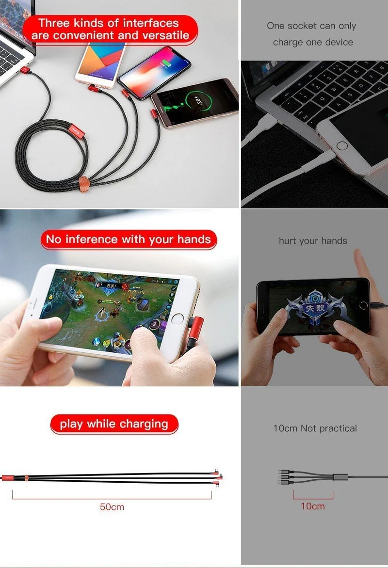 Baseus 3-in-1-Micro-USB-Typ-C-Kabel für USB-C-Handy, Typ-C-Kabel für Samsung Galaxy S9, S8 Plus, Ladekabel für iPhone