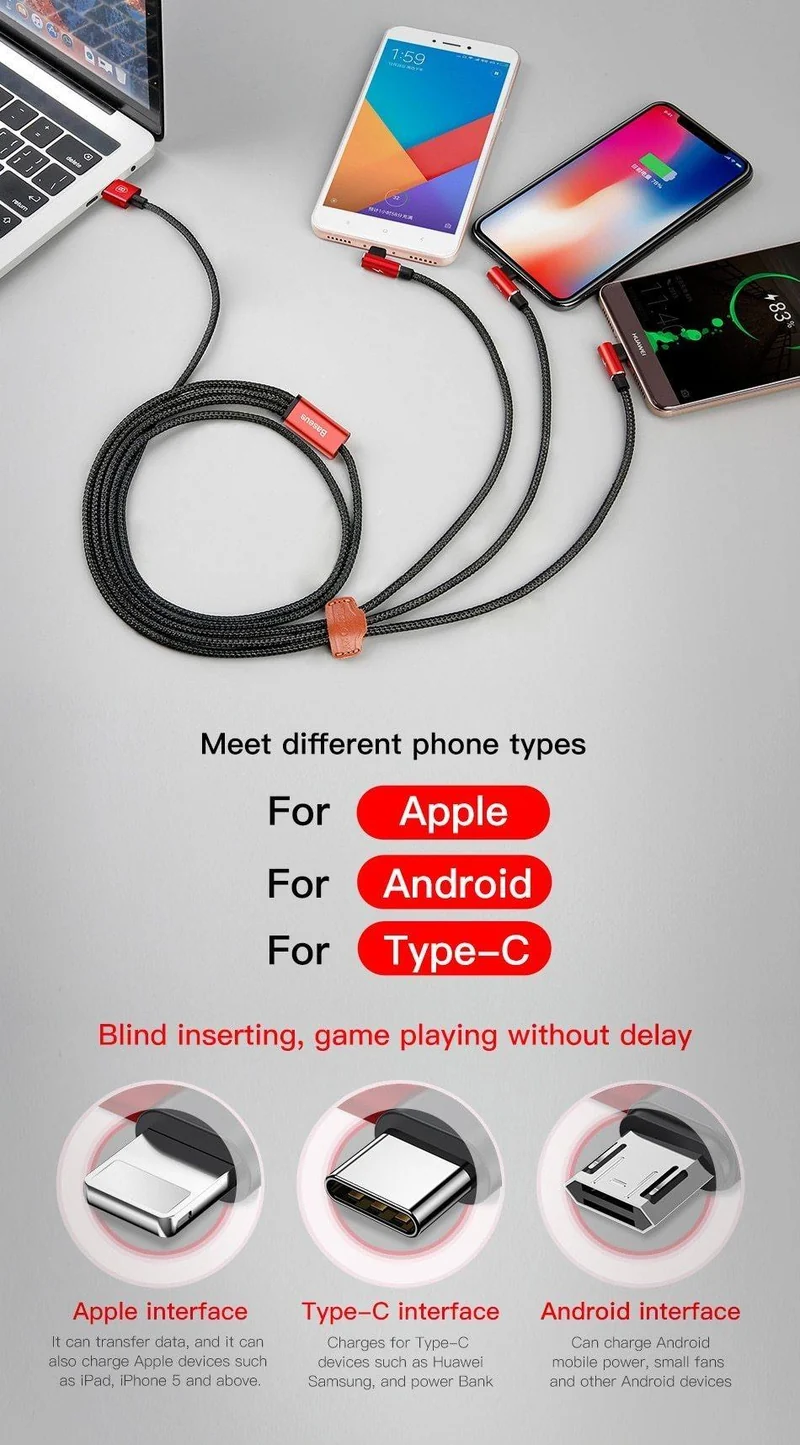 Baseus 3-in-1-Micro-USB-Typ-C-Kabel für USB-C-Handy, Typ-C-Kabel für Samsung Galaxy S9, S8 Plus, Ladekabel für iPhone