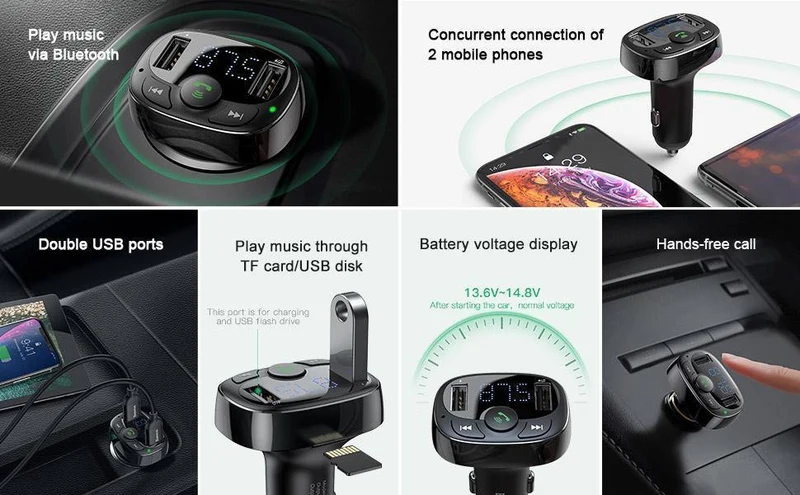 Baseus Autoladegerät für iPhone Handy Freisprecheinrichtung FM Transmitter Bluetooth Car Kit LCD MP3 Player Dual USB Autotelefonladegerät