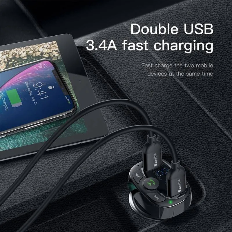 Baseus Autoladegerät für iPhone Handy Freisprecheinrichtung FM Transmitter Bluetooth Car Kit LCD MP3 Player Dual USB Autotelefonladegerät